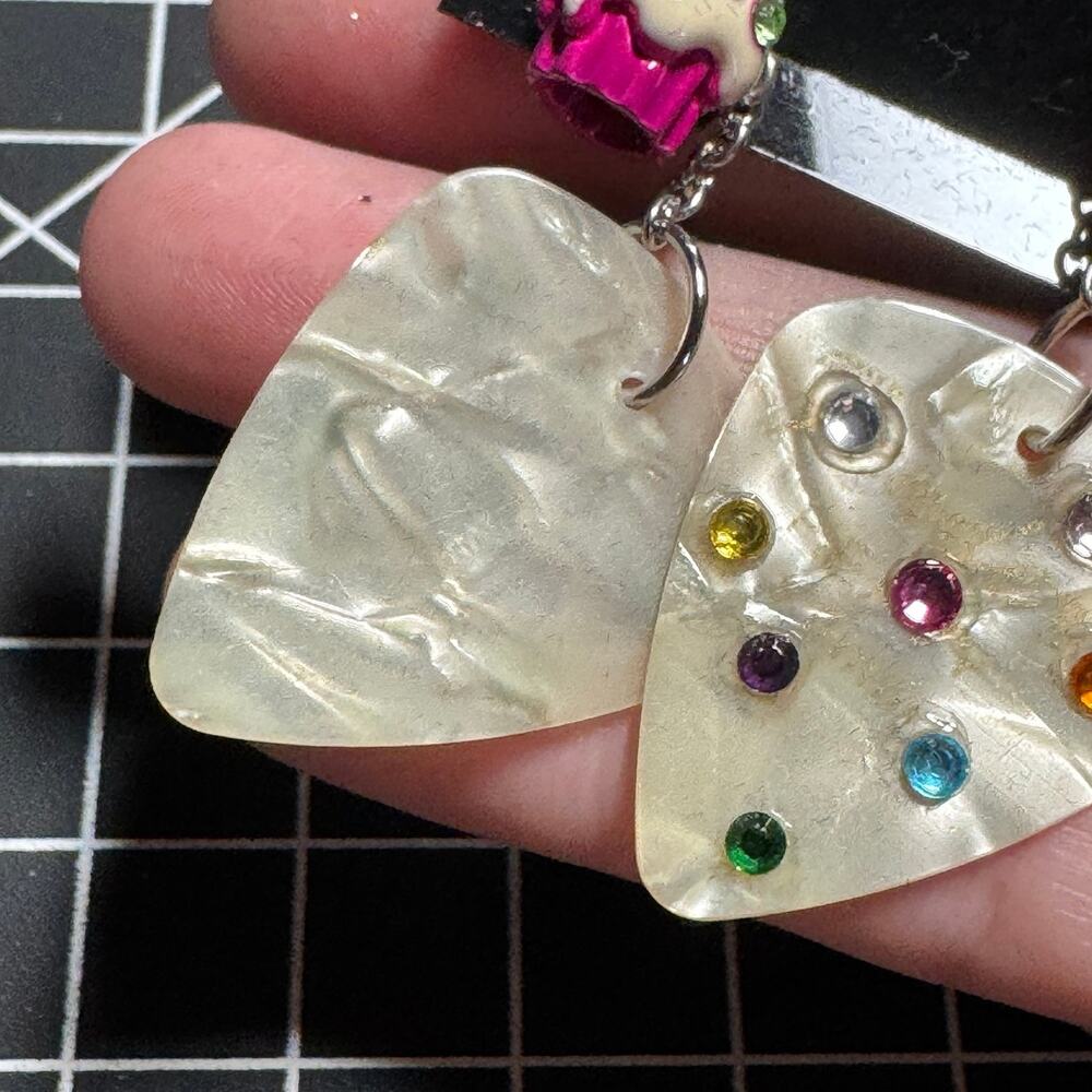 Handmade Fender Guitar Pick Cupcake Earrings Pearl Rhinestone Dangle Kawaii - Picture 6 of 7